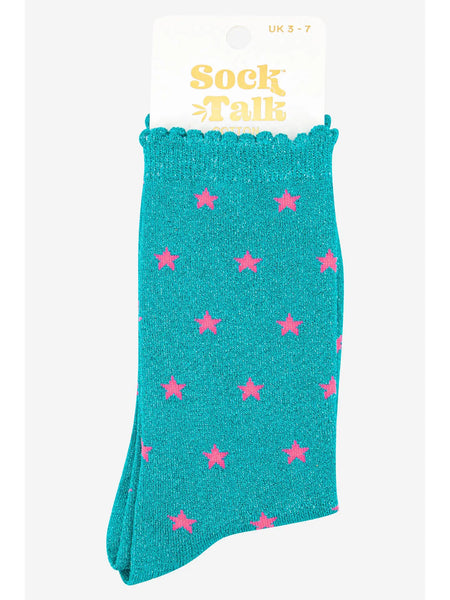 Womens Star Print Cotton Glitter Socks in Aqua Blue