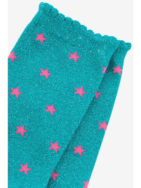 Womens Star Print Cotton Glitter Socks in Aqua Blue