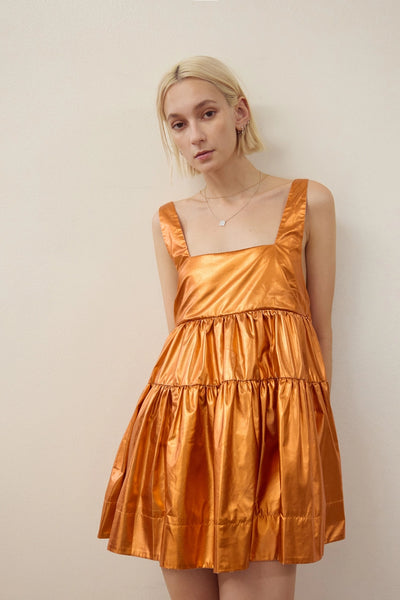 Vintage Effect Metallic Babydoll Mini Dress