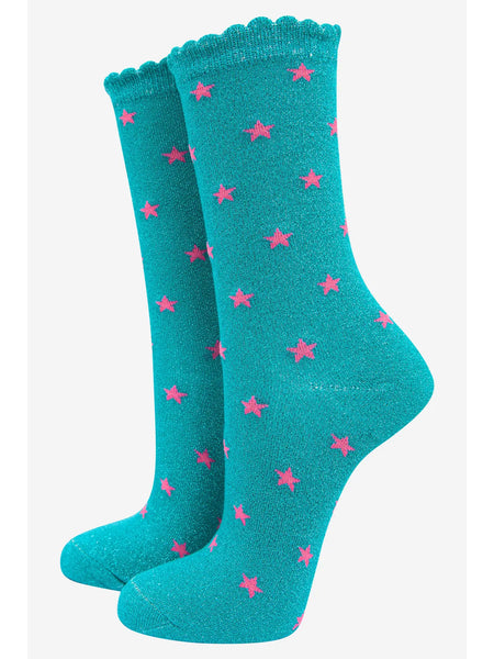 Womens Star Print Cotton Glitter Socks in Aqua Blue
