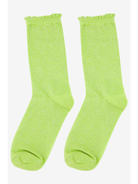Womens Glitter Ankle Socks Scalloped Cuff in Lime Green