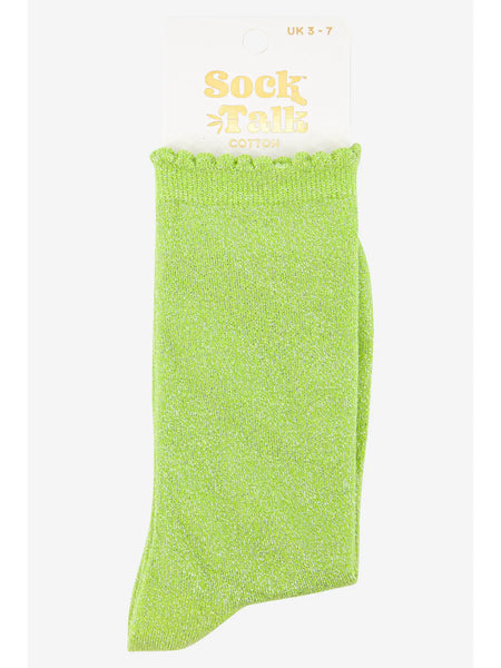 Womens Glitter Ankle Socks Scalloped Cuff in Lime Green
