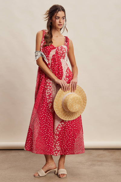 Patchwork Tie Strap Cotton Maxi Dress