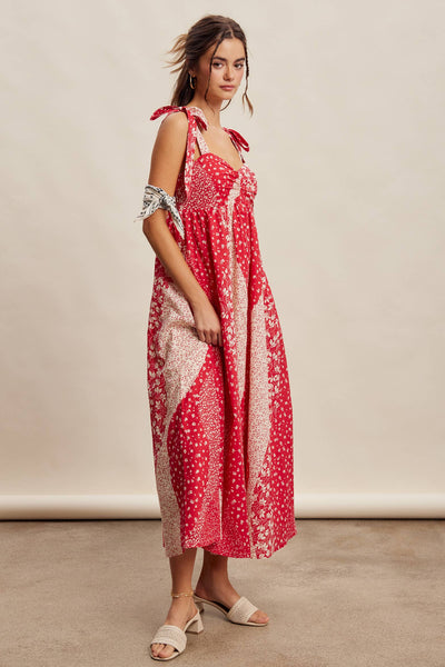 Patchwork Tie Strap Cotton Maxi Dress