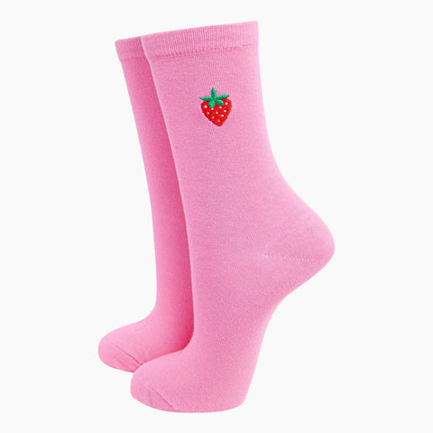 Women's Embroidered Socks - Pink, Strawberry