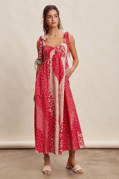 Patchwork Tie Strap Cotton Maxi Dress