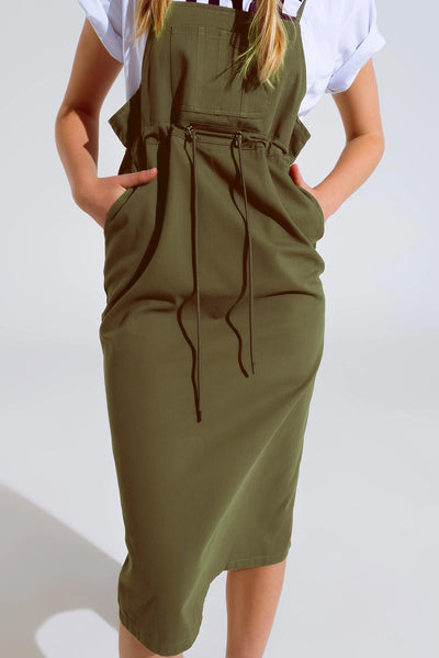 Khaki Denim Overall Dress with Chest Pocket and Drawstring Waist