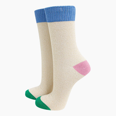 Women's Glitter Socks - Cream/Denim Blue, Colour Burst