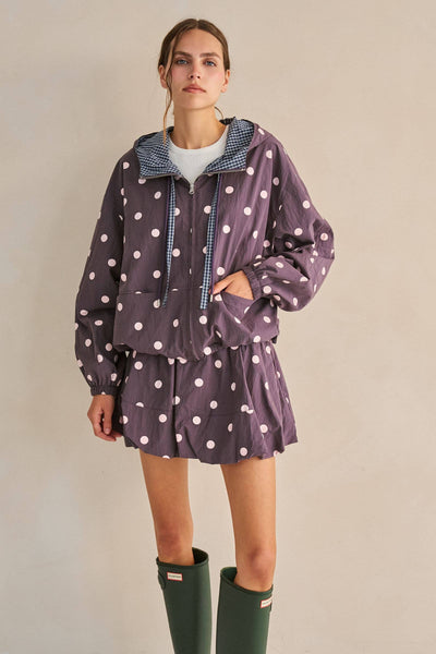 Polka Dot Drawstring Hooded Jacket
