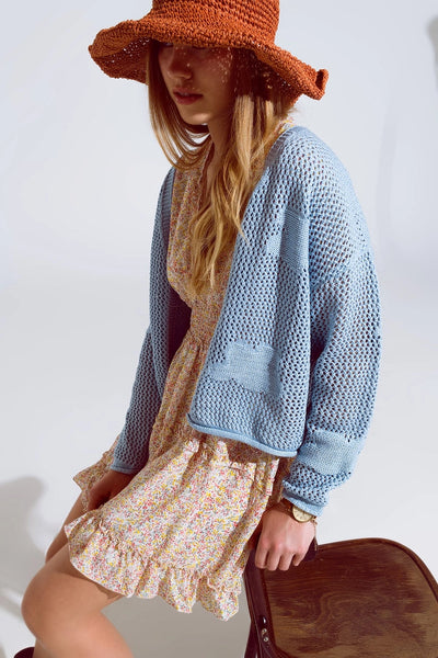 Crochet Cardigan with Knitted Clouds in Blue