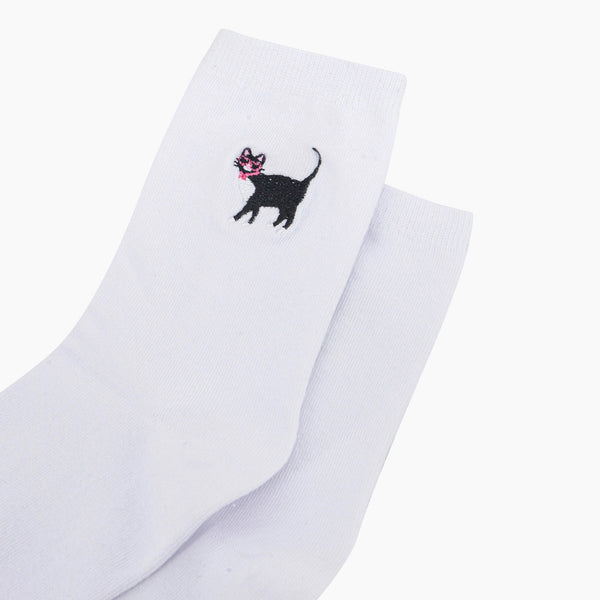 Women's Embroidered Socks - White, Cat
