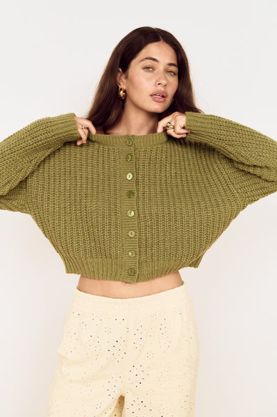Green Cable Knit Cropped Cardigan
