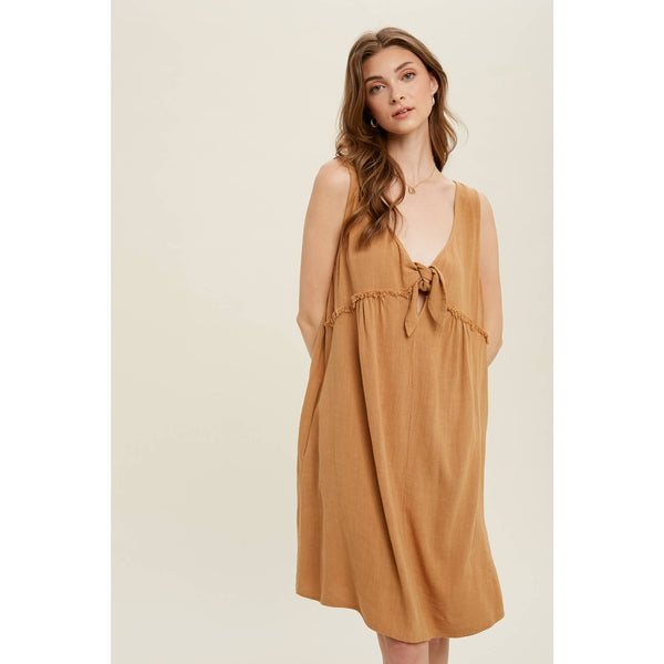 LINEN FRONT-TIE MINI DRESS WITH SIDE POCKETS