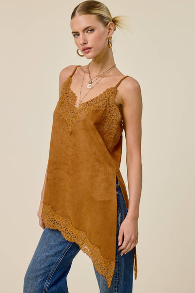 Faux Suede Lace Trim Cami Top