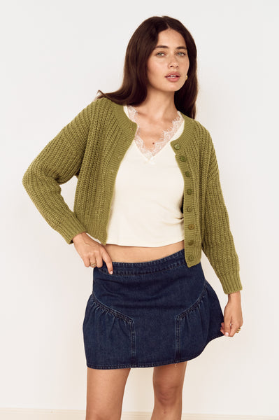 Green Cable Knit Cropped Cardigan