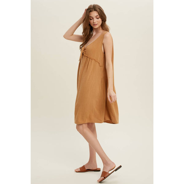 LINEN FRONT-TIE MINI DRESS WITH SIDE POCKETS