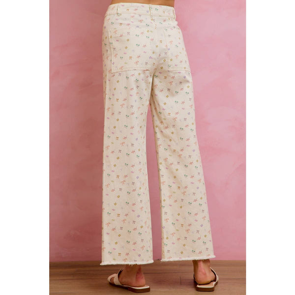 Mid Rise Ditsy and Ribbon Print Twill Pants