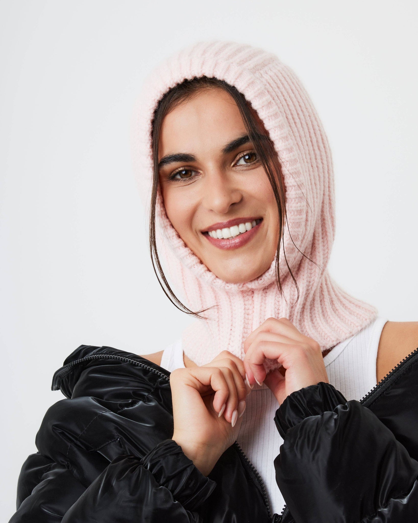 Loose Fit Ribbed Knit Balaclava in Pink: Pink
