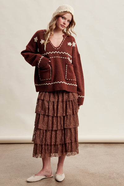 Floral Embroidered Knit Sweater