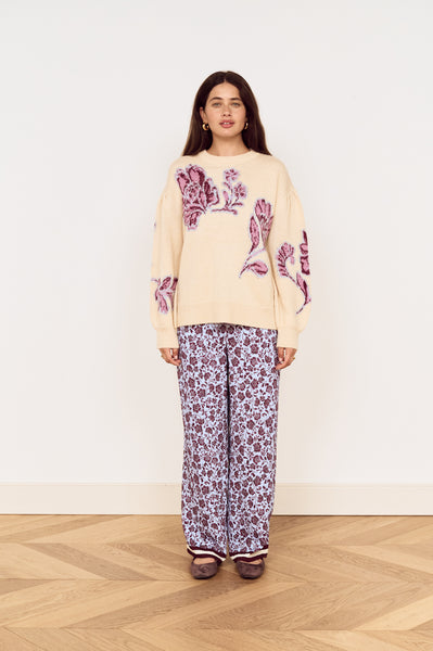Cream Floral Intarsia Knit Sweater