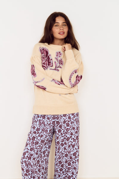 Cream Floral Intarsia Knit Sweater