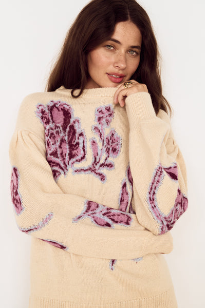 Cream Floral Intarsia Knit Sweater