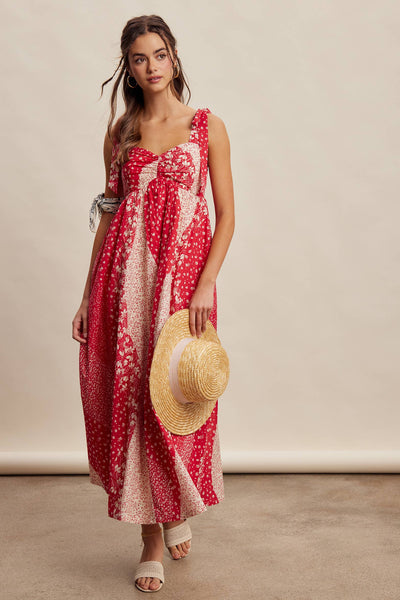 Patchwork Tie Strap Cotton Maxi Dress