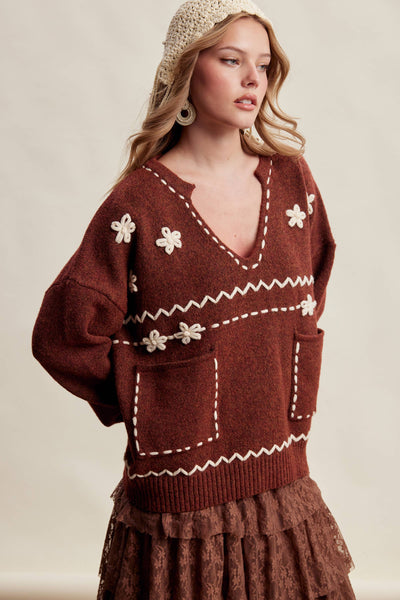 Floral Embroidered Knit Sweater