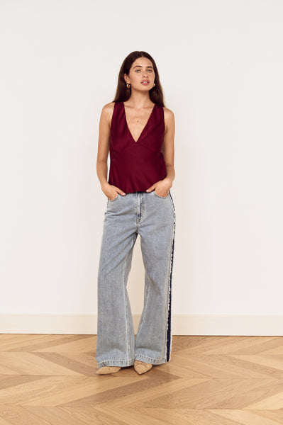 Frayed Contrast Stripe Denim Jeans