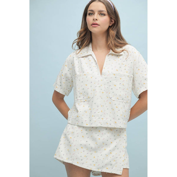 FLORAL DENIM RELAXED CROP BOXY TOP
