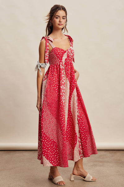 Patchwork Tie Strap Cotton Maxi Dress