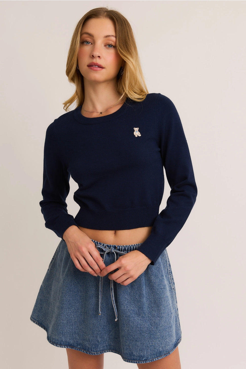 Long Sleeve Crew Neck Cropped Sweater with Bear