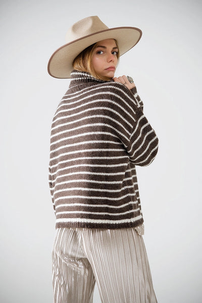 Brown Soft Knit Striped Turtleneck Sweater