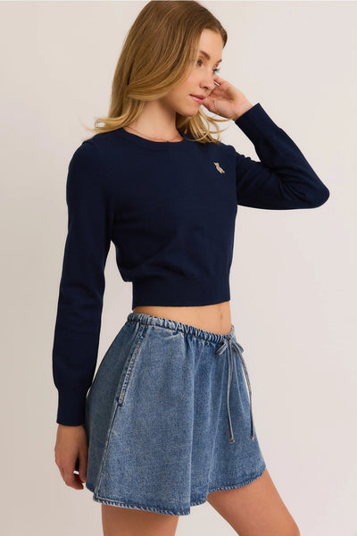 Long Sleeve Crew Neck Cropped Sweater with Bear