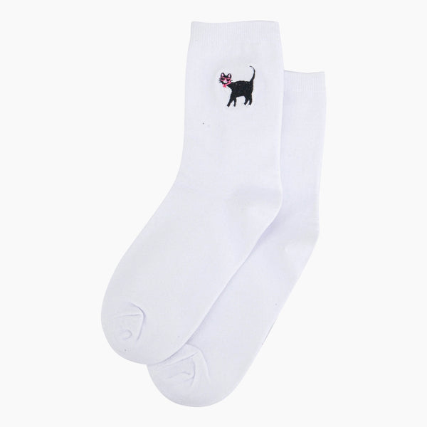 Women's Embroidered Socks - White, Cat