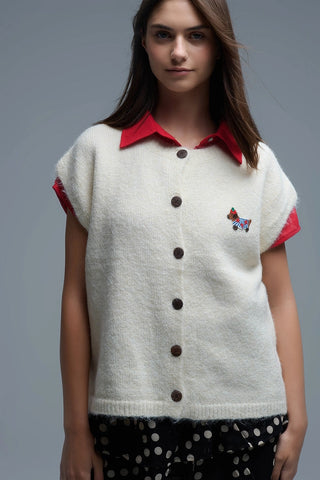 Embroidered Dog Cream Relaxed Knitted Vest