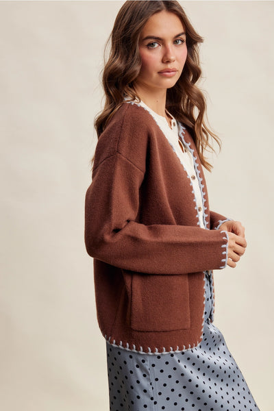 Contrast Whipstitch Knit Cardigan