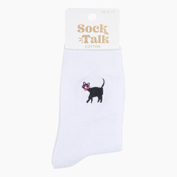Women's Embroidered Socks - White, Cat