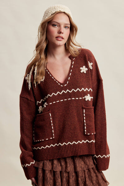 Floral Embroidered Knit Sweater