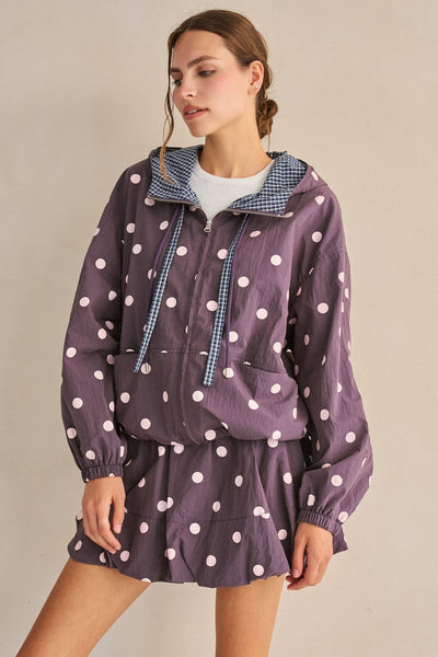 Polka Dot Drawstring Hooded Jacket