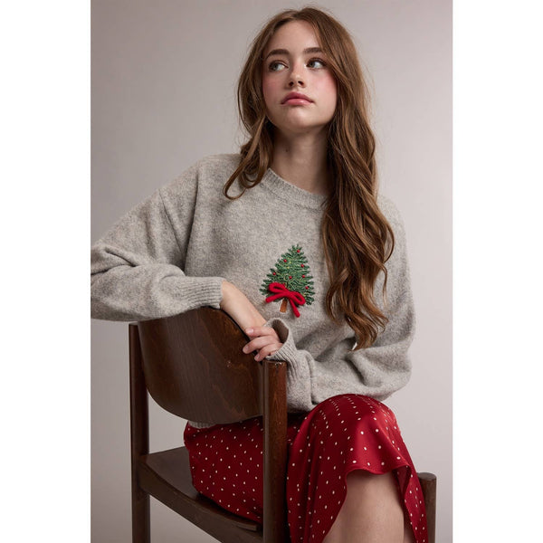 Bow Christmas Tree Embroidered Sweater