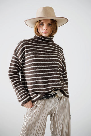 Brown Soft Knit Striped Turtleneck Sweater