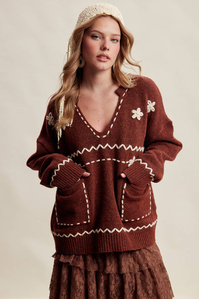 Floral Embroidered Knit Sweater