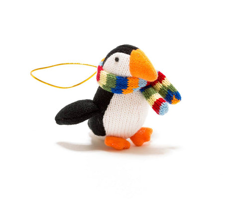 Knitted Puffin with stripe scarf Hanging Ornament