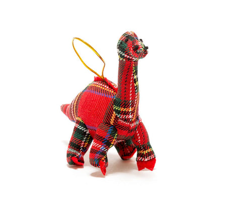 Diplodocus Dinosaur in Red Tartan Hanging Ornament