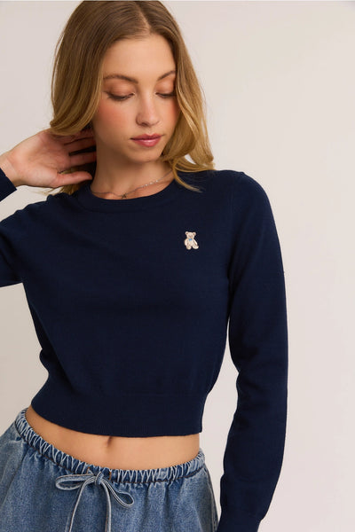 Long Sleeve Crew Neck Cropped Sweater with Bear