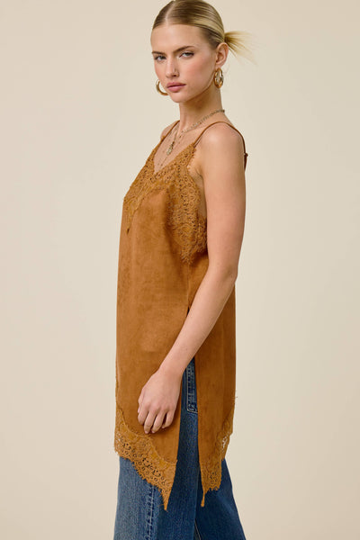 Faux Suede Lace Trim Cami Top