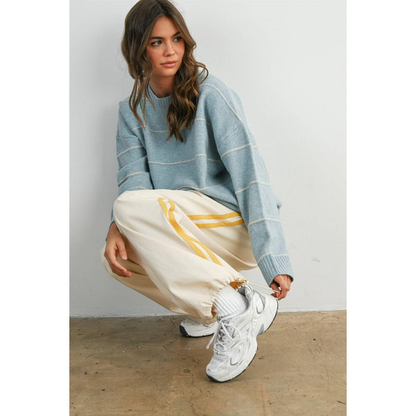Striped Wide-Leg Drawstring Track Pants