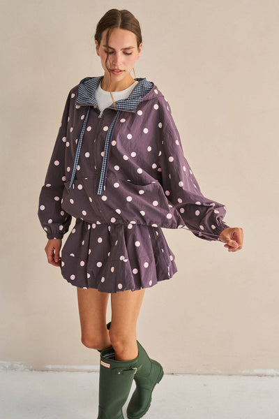 Polka Dot Drawstring Hooded Jacket