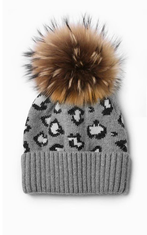 Cashmere Wool Leopard Real Fur Pompom Hat (BLK & GREY)